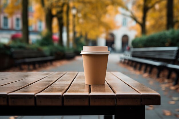 Disposable paper cup on bench outdoor in autumn