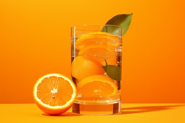 Disposable paper cups on color background Yellow paper cups and orange juice on yellow background