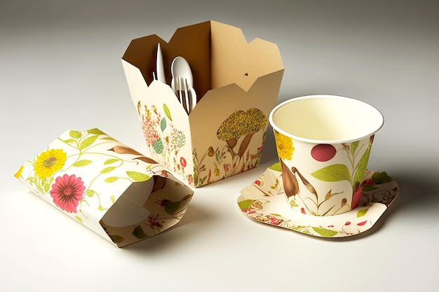 Disposable paper tableware meals set of tea cups and napkins