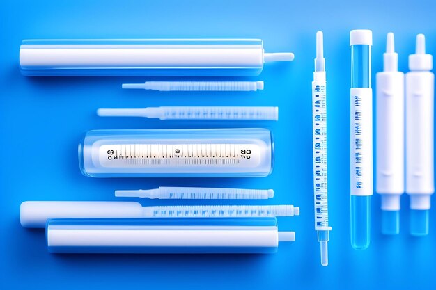 Disposable syringe with blood samples isolated on blue background flat lay top view copy space