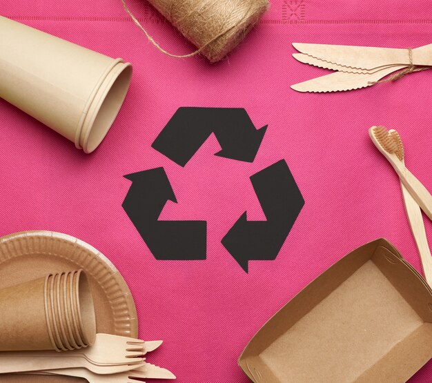 Disposable tableware from brown craft paper on a pink background