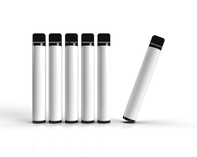 Disposable Vapes standing in line and one tilted over with brandable white label ideal for mockups.