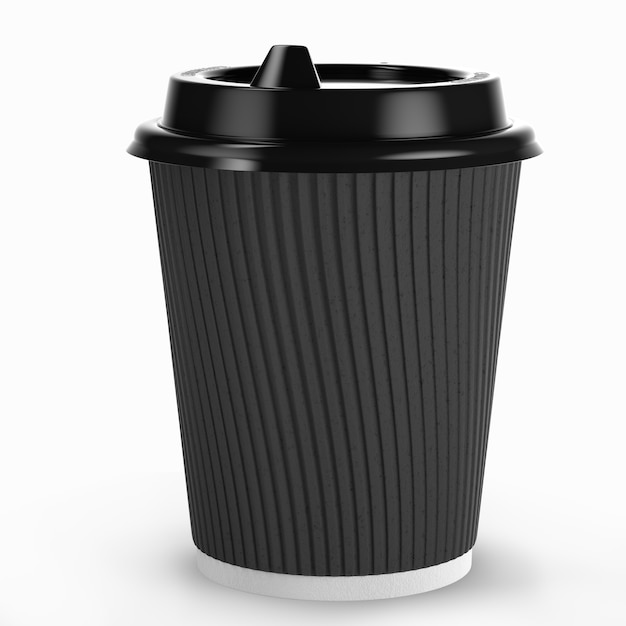 Disposable white paper hot drink coffee cup with black lid and kraft paper combo sleeve. 3d render.