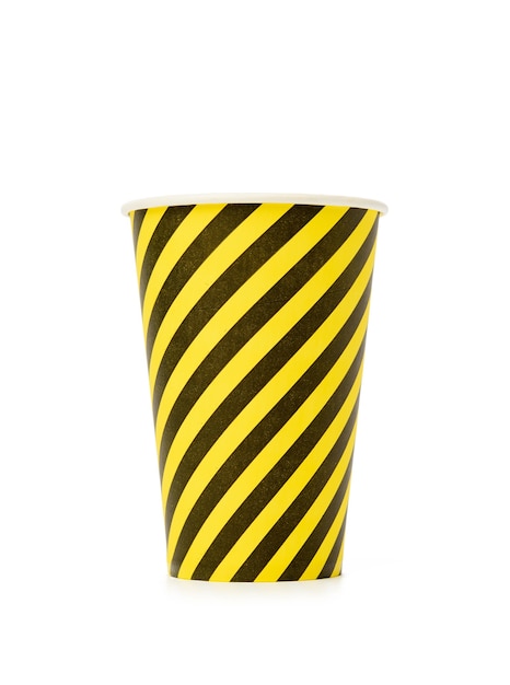 Disposable yellow striped cup isolated on white background, zero waste