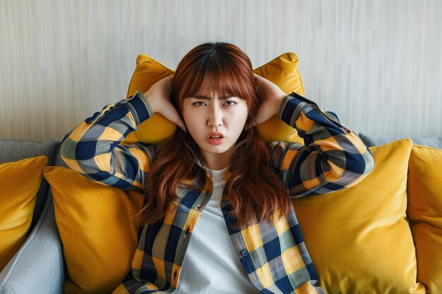 写真 不満で怒った日本の若い女性が自宅のソファに座って過な音から枕で耳をかぶっています