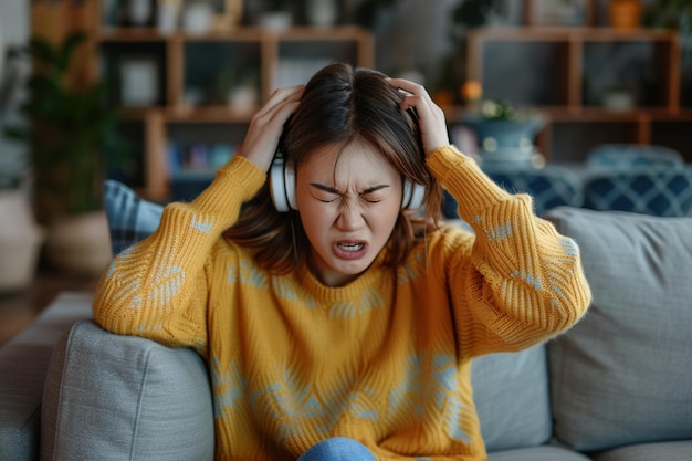 Недовольная и сердитая молодая японка сидит дома на диване и закрывает уши от чрезмерного шума