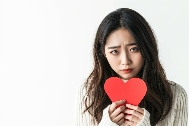 사진 불만족 한 한국인 여성 이 빈 캔버스 에 은 종이 마음 을 붙잡고 있다