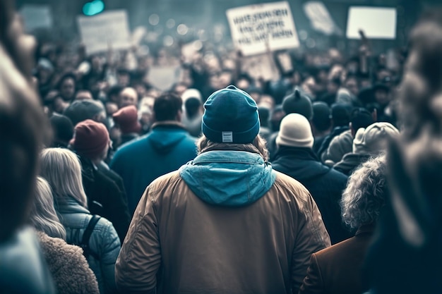 Dissidentie uiten Een grote menigte demonstranten met borden in de stad Generatieve AI