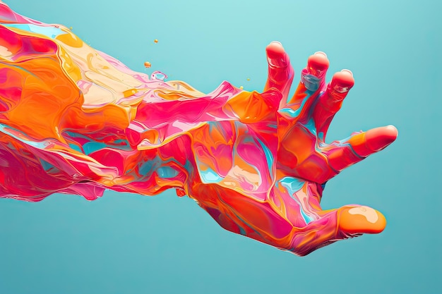 A dissolving multicolored hand on a blue background