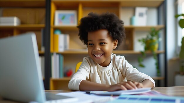 Distance education Smiling african american child schoolboy studying online on lapt Generative AI