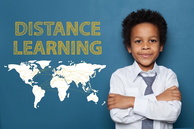 Distance learning concept with smart African American child boy portrait