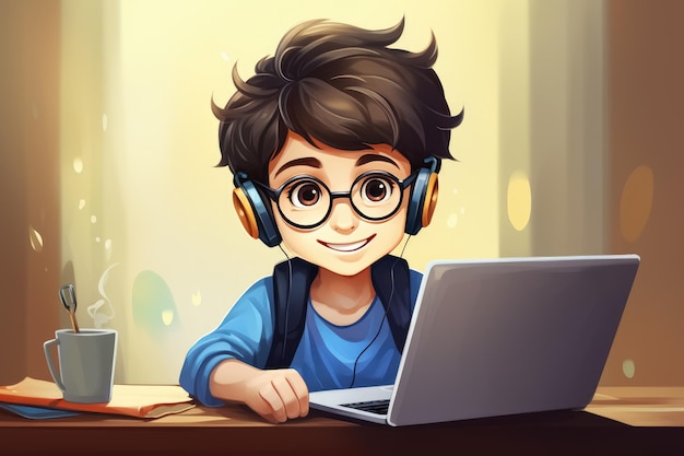 Distance online education for children and teenagers schoolboy in glasses on face sits with laptop