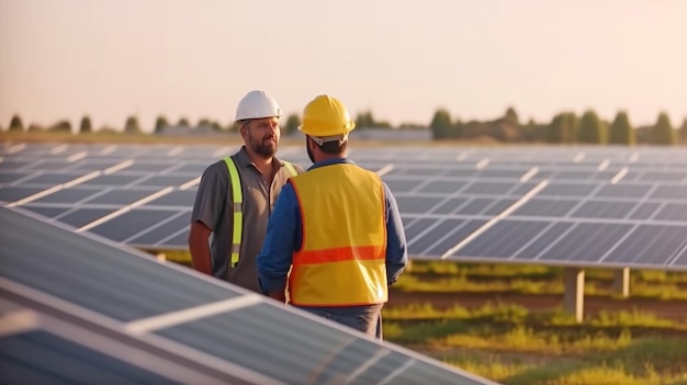 In the distance two technicians are talking amongst extensive rows of photovoltaic panels Concepts of alternative energy ecology and carbon footprint reduction The Generative AI