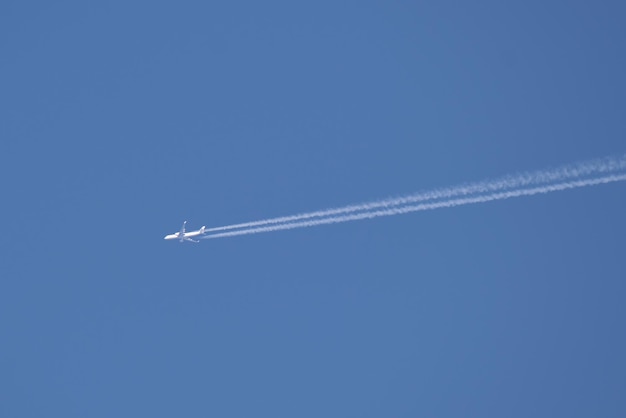 Distant passenger jet plane flying on high altitude on clear blue sky