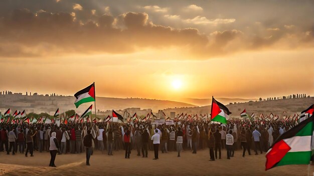 Distant protest with palestine flags sunset