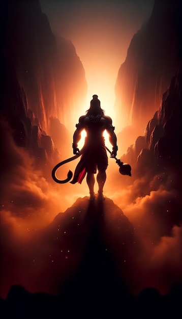 Photo distant silhouette of lord hanuman highlighting his muscular physique and his weapon 'gada'