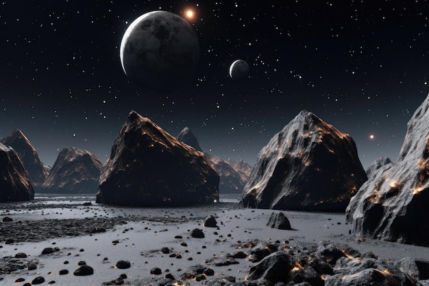 Distant view of asteroids uneven terrain against black space created with generative ai