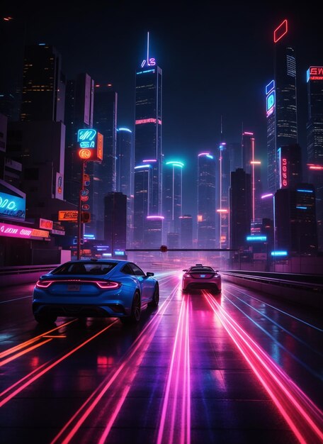 A distant view of a neonlit cityscape with cars racing around highspeed tracks