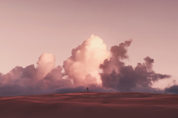 夕暮れの砂漠で雲の空を背景に砂の上に立っている人の遠くの景色