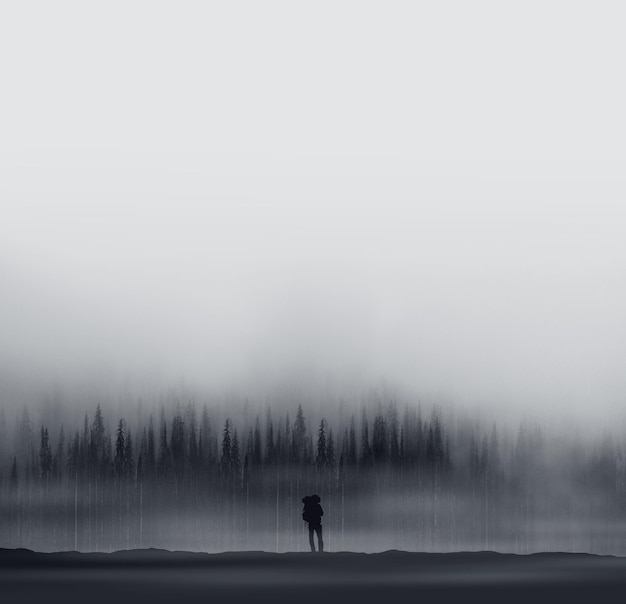 Photo distant view of silhouette male hiker standing against trees during foggy weather