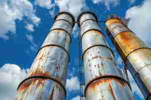 Photo distillation column tower at chemical plant with rusty exterior and blue sky methanol distillery