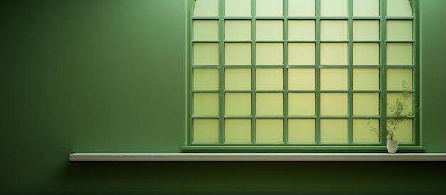 Distinctive patterned window set against a green wall blurriness around