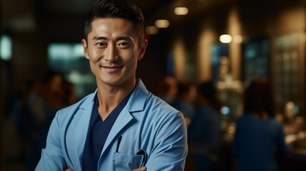 Фото Известный азиатский медицинский специалист доктор медсестра специалист выглядит дружелюбно улыбается