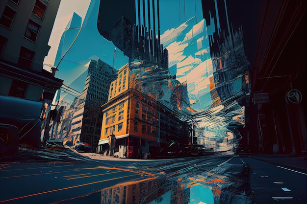 Distorted and warped digital images with glitchy effects that change the original scene