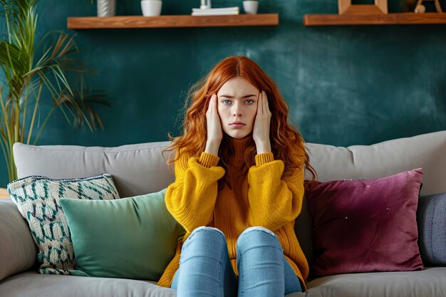 Photo distraught woman sitting on sofa at home