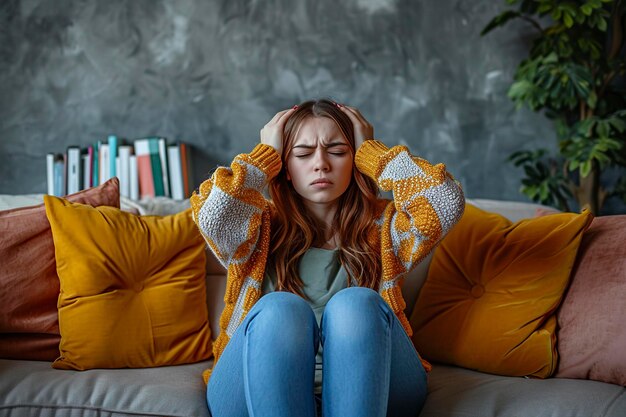 distraught woman sitting on sofa at home