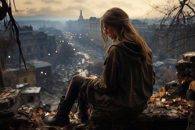 A distraught women sits and looks at the bombbedout Kiev in the war in Ukraine