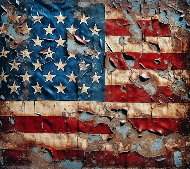 distressed american flag on a wall with peeling paint generativ ai
