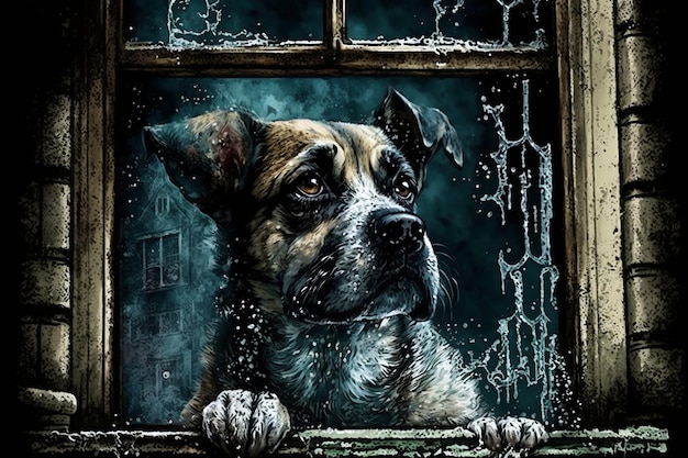 Distressed Dog Peering Through a Window Generative AI