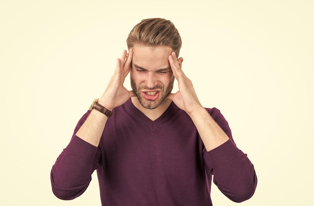 Photo distressed guy with closed eyes squeeze head with hands suffering from headache migraine