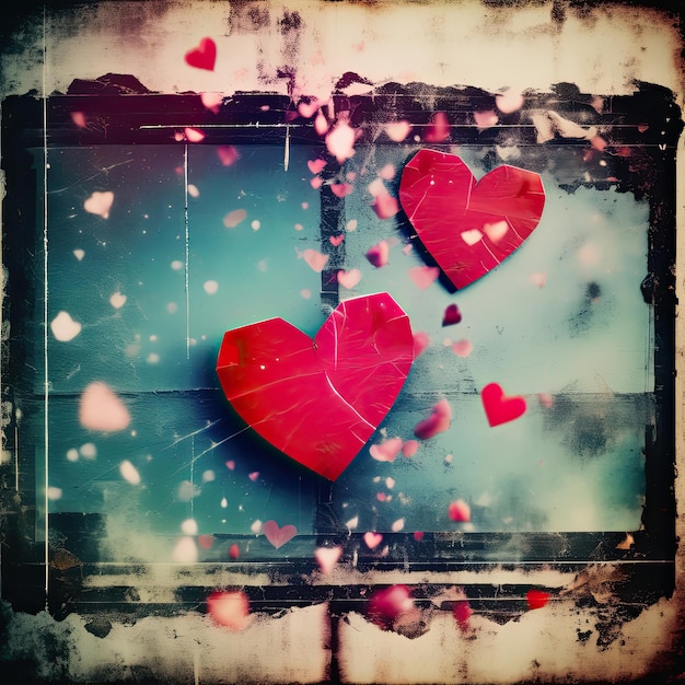 Distressed heart symbol on the textured Valentines Day background with weathered grungy effect