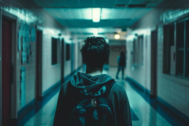 Distressed Individual Experiences Depression And Bullying In An Ominous School Hallway