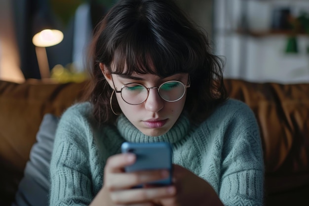 Photo distressed woman reacts with stress to alarming news on screen