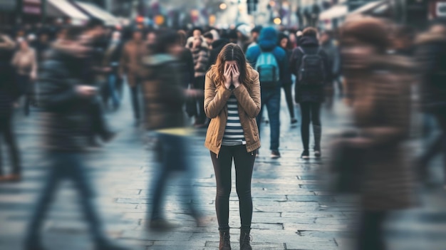 Donna angosciata in piedi in una strada trafficata che si copre la faccia con le mani con il mondo intorno a lei sfocato in movimento