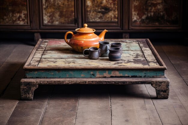 Photo distressed wooden coffee table with a tea set on it