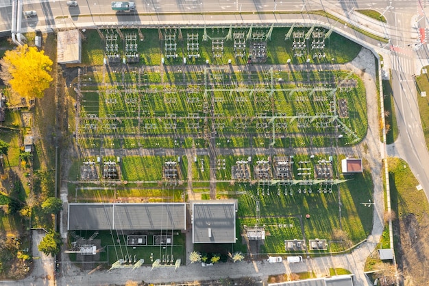 Distribution electric substation with power lines and transformers, View from above