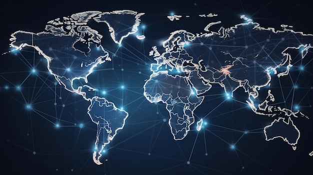 Distribution of the logistics network on a world map Frontloaded logistics and transportation concept Container Cargo Freight Ship for Idea of Quick or Instant Shipping Generative AI