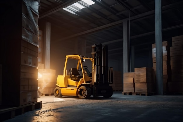 Foto distribuzione magazzino consegna deposito merci logistico carrello elevatore sole scatola di trasporto ai generativa