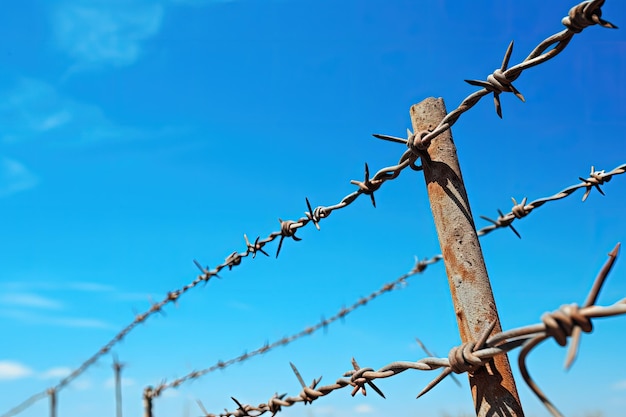 Disturbing barbed wire on fence against blue sky