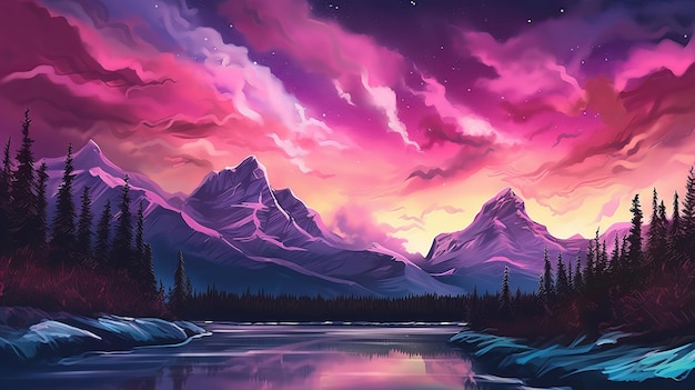 Disturbing Mountains with Aurora Borealis Fuchsia Sky Establishment with copyspace Creative resource AI Generated