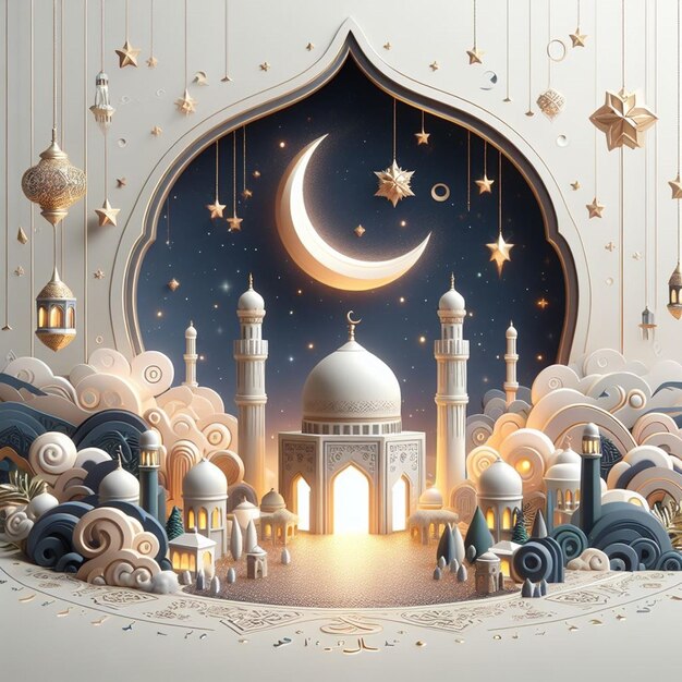 Dit 3D-ontwerp is gemaakt voor islamitische gebeurtenissen zoals Eid ul Fitr en Eid ul Adha