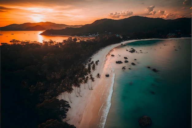 Dit adembenemende beeld vangt de schoonheid van het strand van Phuket tijdens het gouden uur.