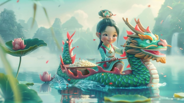 Dit Aziatische meisje zit op een draakboot en geniet van rijst dumplings en een uitzicht op een lotus op de achtergrond Vertaling Wens je een gelukkige en welvarende Duanwu vakantie op 5 mei
