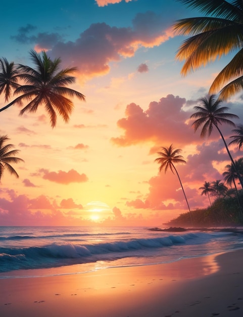 Dit digitale grafisch is een uiterst realistische tropische strandzonsopgang