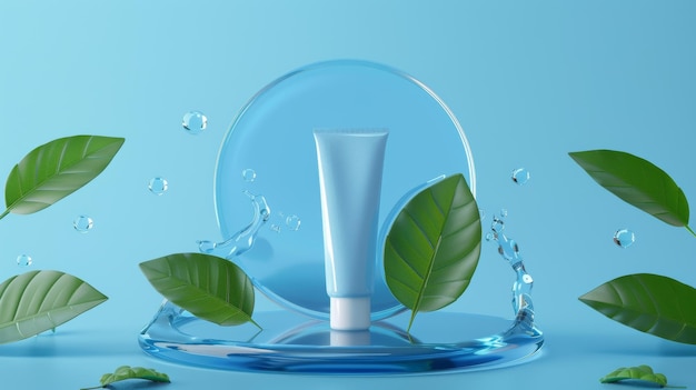 Dit is een 3D-advertentie voor een huidherstellende crème. Het toont een buis op een ronde glazen schijf met bladrijke planten en een dauwdruppel op een blauwe achtergrond.