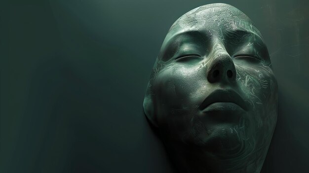 Dit is een 3D-weergave van een menselijk gezicht. Het gezicht is gemaakt van een glad metalen materiaal en heeft een realistische textuur.